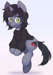 Size: 2370x3366 | Tagged: safe, artist:arteshna, pony, unicorn, clothes, colored pupils, commission, disguise, disguised siren, eye clipping through hair, eyebrows, eyebrows visible through hair, femboy, gradient background, hair over one eye, high res, horn, jewelry, kellin quinn, long sleeves, male, necklace, ponified, sleeping with sirens, solo, stallion, sweater, ych result