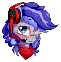 Size: 2213x2240 | Tagged: safe, artist:luxsimx, oc, oc only, oc:cinnabyte, pony, adorkable, bust, cinnabetes, cute, dork, female, glasses, headset, high res, mare, meganekko, one eye closed, pigtails, simple background, solo, transparent background, wink