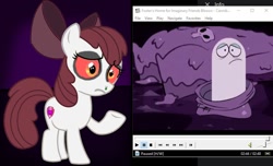 Size: 894x542 | Tagged: safe, artist:pagiepoppie12345, edit, edited screencap, screencap, apple bloom, ghost, ghost pony, pony, g4, apple bloooom, black eyeshadow, bloo (foster's), bloodshot eyes, bloooo, bow, cold, comparison, confused, crossover, desaturated, eyeshadow, female, filly, flu, foster's home for imaginary friends, hair bow, low effort, makeup, mpc-hc, pale color, pale skin, potato sack, red eyes, sack, sick, snot, video player