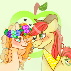 Size: 768x768 | Tagged: safe, artist:valkiria, derpibooru exclusive, bright mac, pear butter, g4, blushing, female, floral head wreath, flower, heart, looking at each other, love, male, ship:brightbutter, shipping, smiling, straight