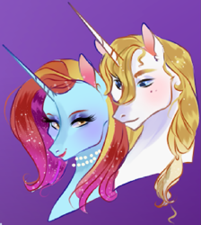 Size: 987x1100 | Tagged: safe, artist:bunnari, prince blueblood, sassy saddles, pony, unicorn, g4, bluesaddles, blushing, bust, crack shipping, cropped, duo, eyeshadow, jewelry, lipstick, makeup, necklace, pearl necklace, purple background, red lipstick, shipping, simple background