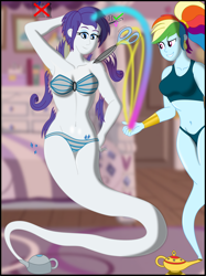 Size: 1500x2009 | Tagged: safe, artist:physicrodrigo, rainbow dash, rarity, genie, equestria girls, g4, alternate hairstyle, arm behind head, belly button, bikini, breasts, busty rainbow dash, busty rarity, clothes, commission, duo, duo female, ear piercing, earring, female, gem, geniefied, grin, hair lock, haircut, jewelry, lamp, looking down, magic, mental shift, mind control, personality change, piercing, pixie cut, ponytail, scissors, short hair, short mane, smiling, sports bra, story included, swimsuit, teapot, tomboy, tomboy rarity, transformation, wristband