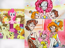 Size: 2723x2018 | Tagged: safe, artist:citi, edit, screencap, li'l cheese, pinkie pie, pound cake, pumpkin cake, human, baby cakes, g4, the last problem, brother and sister, cake twins, female, high res, humanized, male, scene interpretation, screencap reference, siblings, then and now, traditional art, twins