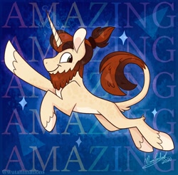 Size: 2048x2012 | Tagged: safe, artist:wutanimations, oc, oc only, pony, unicorn, beard, ear fluff, facial hair, high res, horn, leg fluff, looking back, magic, male, simple background, smiling, solo, stallion, stars, tail fluff, unicorn oc, watermark