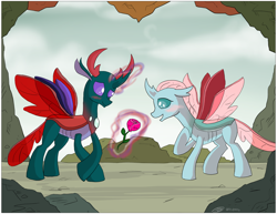 Size: 3300x2550 | Tagged: safe, artist:loreto-arts, ocellus, pharynx, changedling, changeling, g4, cute, diaocelles, female, flower, high res, magic, male, ocellynx, pharybetes, prince pharynx, rose, shipping, straight
