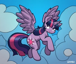 Size: 1024x866 | Tagged: safe, artist:goiabamx, twilight sparkle, alicorn, pony, g4, cloud, eye clipping through hair, female, flying, mare, sky, solo, spread wings, twilight sparkle (alicorn), wings