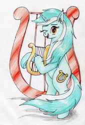 Size: 1958x2887 | Tagged: safe, artist:40kponyguy, derpibooru exclusive, lyra heartstrings, pony, unicorn, g4, bipedal, cute, cutie mark background, ear fluff, female, hoof hold, looking at you, lyrabetes, lyre, musical instrument, one eye closed, simple background, solo, traditional art, windswept tail