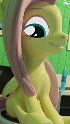 Size: 1080x1920 | Tagged: safe, artist:quicktimepony, fluttershy, pegasus, pony, g4, 3d, air freshener, bathroom, blender, but why, cute smile, female, happy, implied pooping, looking back, nintendo switch, signature, sitting, sitting on toilet, solo, taking a dump, toilet