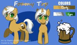 Size: 1300x759 | Tagged: safe, artist:helithusvy, oc, oc:foamy top, pony, unicorn, alcohol, beer, commission, green eyes, horn, reference sheet, unicorn oc