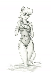 Size: 950x1407 | Tagged: safe, artist:baron engel, ms. harshwhinny, earth pony, anthro, g4, breasts, busty ms. harshwhinny, cleavage, clothes, ear piercing, earring, female, jewelry, mare, monochrome, necklace, one-piece swimsuit, pencil drawing, piercing, solo, story included, swimsuit, traditional art
