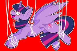 Size: 1800x1200 | Tagged: safe, artist:valkyrave, twilight sparkle, alicorn, pony, g4, blood, bondage, female, looking at you, mare, needs more saturation, pinpoint eyes, red background, simple background, smiling, strings, sweat, tangled up, twilight sparkle (alicorn)