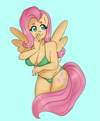 Size: 1703x2048 | Tagged: safe, artist:leslers, fluttershy, pegasus, anthro, g4, bikini, breasts, busty fluttershy, clothes, female, pinup, solo, swimsuit