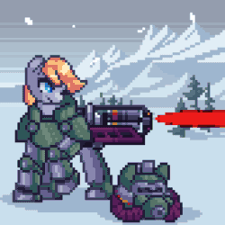 Size: 1080x1080 | Tagged: safe, artist:stockingshot56, oc, oc only, oc:gray star, pony, animated, armor, fallout, gatling laser, laser, loop, mountain, outdoors, pixel art, power armor, snow, snowfall, solo