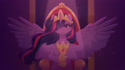 Size: 2276x1280 | Tagged: dead source, safe, artist:floweryoutoday, twilight sparkle, alicorn, semi-anthro, g4, the last problem, arm hooves, beam of light, commission, crown, female, hair over one eye, hoof shoes, jewelry, looking at you, mare, older, older twilight, older twilight sparkle (alicorn), princess twilight 2.0, regalia, sitting, speedpaint available, spread wings, throne, throne room, twilight sparkle (alicorn), wings