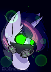 Size: 2894x4093 | Tagged: safe, artist:hot_coffefefe, twilight sparkle, pony, g4, alternate hairstyle, alternate universe, black background, bust, face mask, female, glowing eyes, mare, pollution, pollutionverse, simple background, solo