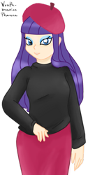 Size: 299x595 | Tagged: safe, artist:wrath-marionphauna, rarity, human, g4, becoming popular, beret, clothes, digital art, female, hat, humanized, looking at you, makeup, simple background, skirt, smiling, solo, sweater, transparent background