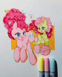 Size: 1080x1350 | Tagged: safe, artist:meltingicecreamz, li'l cheese, pinkie pie, earth pony, pony, g4, the last problem, alternate hairstyle, blushing, cute, diapinkes, female, filly, frog (hoof), mare, marker, mother and child, mother and daughter, open mouth, sitting, smiling, traditional art, underhoof