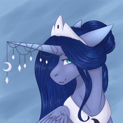 Size: 3622x3622 | Tagged: safe, artist:chrystal_company, princess luna, alicorn, pony, g4, abstract background, alternate hairstyle, bust, female, high res, horn, horn jewelry, jewelry, mare, solo