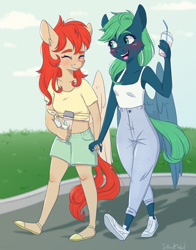 Size: 2200x2800 | Tagged: safe, artist:silbersternenlicht, oc, oc only, oc:emerald, oc:firefly, pegasus, anthro, blushing, clothes, duo, eyes closed, front knot midriff, high res, holding hands, midriff, open mouth, smiling, tank top