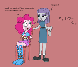 Size: 2239x1928 | Tagged: safe, artist:bugssonicx, maud pie, pinkie pie, human, equestria girls, g4, bondage, boots, clothes, crying, female, femsub, gag, kidnapped, looking at each other, my leg, offscreen character, pinkiesub, shoes, skirt, submissive, tape, tape gag, teary eyes, tied to chair, tied up