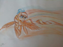 Size: 1280x960 | Tagged: safe, artist:kiwwsplash, oc, oc only, pegasus, pony, bow, hair bow, looking back, pegasus oc, solo, traditional art, wings