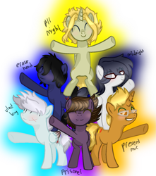 Size: 1093x1237 | Tagged: safe, artist:bonbon9696, earth pony, pegasus, pony, unicorn, base used, bipedal, eyes closed, glasses, group, my hero academia, ponified, raised hoof, simple background, smiling, spread wings, transparent background, underhoof, wings