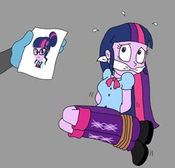Size: 912x876 | Tagged: safe, artist:bugssonicx, sci-twi, twilight sparkle, human, equestria girls, g4, arm behind back, blouse, bondage, boots, bound and gagged, cloth gag, clothes, female, gag, glasses, kidnapped, looking offscreen, mistaken identity, offscreen character, photo, rope, rope bondage, scared, shoes, skirt, solo focus, tied up