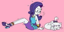 Size: 2577x1293 | Tagged: safe, artist:bugssonicx, opalescence, rarity, cat, human, equestria girls, g4, angry, arm behind back, bondage, bound and gagged, bound wrists, cloth gag, female, femsub, gag, high heels, muffled words, rarisub, rarity peplum dress, shoes, struggling, submissive, tied up