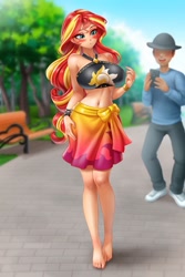 Size: 683x1024 | Tagged: safe, alternate version, artist:racoonsan, edit, editor:thomasfan45, sunset shimmer, human, equestria girls, g4, anime, barefoot, barefooting, beautiful, beautisexy, belly button, bench, bikini, black swimsuit, blushing, breasts, busty sunset shimmer, cellphone, clothes, cutie mark swimsuit, eyeshadow, faceless male, feet, female, hat, human coloration, jeweled swimsuit, legs, makeup, male, midriff, offscreen character, outdoors, pants, park, phone, sarong, sexy, stupid sexy sunset shimmer, summer sunset, surprised, sweater, swimsuit, tree, walkway