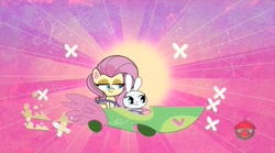 Size: 1667x929 | Tagged: safe, screencap, angel bunny, fluttershy, pony, g4, g4.5, my little pony: pony life, the fast and the furriest, car, racecar