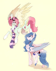 Size: 2458x3106 | Tagged: safe, artist:iheyyasyfox, oc, oc:celestial star, oc:sparkdust knight, alicorn, pegasus, pony, clothes, female, goggles, high res, mare, scarf, two toned wings, wings
