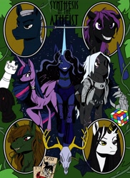 Size: 2968x4080 | Tagged: safe, artist:thecrazydragon, princess luna, twilight sparkle, oc, alicorn, pony, fanfic:synthesis of the atheist, g4, armor, chess piece, fanfic, fanfic art, fanfic cover, fimfiction, jewelry, necklace, rubik's cube, scar, skull, smiling, twilight sparkle (alicorn)
