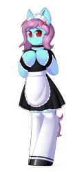 Size: 2508x5616 | Tagged: safe, artist:xcinnamon-twistx, oc, oc:baby bottle, apron, bracelet, clothes, commission, cute, jewelry, lace, looking at you, maid, maid headdress, shoes, socks, stockings, thigh highs, your character here