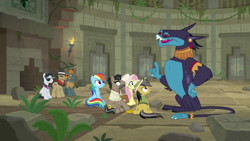 Size: 1920x1080 | Tagged: safe, screencap, ahuizotl, biff, daring do, doctor caballeron, fluttershy, rainbow dash, rogue (g4), withers, pegasus, pony, daring doubt, g4, ascot tie, clothes, female, hat, henchmen, male, mare, pith helmet, shirt, sitting, stallion