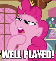 Size: 500x538 | Tagged: safe, pinkie pie, g4, caption, hoof on chin, image macro, text, well played