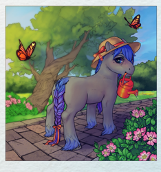Size: 1536x1640 | Tagged: safe, alternate version, artist:oops, oc, oc only, oc:rhealien, butterfly, earth pony, pony, accessory, bow, braided tail, cottagecore, digital art, flower, garden, grass, nature, plant, solo, sun hat, tree, water drops, watering can