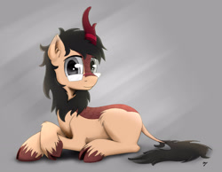 Size: 3362x2606 | Tagged: safe, artist:sny, oc, oc only, oc:hexen, kirin, cloven hooves, crossed hooves, cute, glasses, gray eyes, high res, kirin oc, looking at you, lying down, ocbetes, prone, signature, smiling, smiling at you, solo