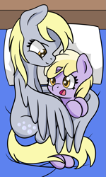 Size: 1159x1930 | Tagged: safe, artist:dinkyuniverse, derpy hooves, dinky hooves, pegasus, pony, unicorn, bed, bed time, bedroom, child, cuddling, cute, daughter, derpabetes, dinkabetes, equestria's best daughter, equestria's best mother, family, female, filly, foal, happy, mare, mother, mother and child, mother and daughter, relaxing, sleepy, smiling, wholesome