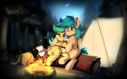 Size: 1720x1080 | Tagged: safe, artist:oofycolorful, oc, oc only, oc:keyla, oc:summer ray, pegasus, pony, campfire, duo, duo male and female, female, fire, food, forest, hug, male, mare, marshmallow, moon, nature, night, oc x oc, one eye closed, outdoors, s'mores, shipping, sitting, smiling, stallion, straight, tent, tree, winghug, wings