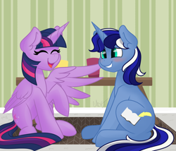 Size: 2624x2250 | Tagged: safe, artist:cadetredshirt, twilight sparkle, oc, oc:severith, alicorn, pony, unicorn, g4, commission, digital art, embarrassed, eyes closed, high res, laughing, multicolored hair, multicolored tail, room, simple background, sitting, smiling, twilight sparkle (alicorn)