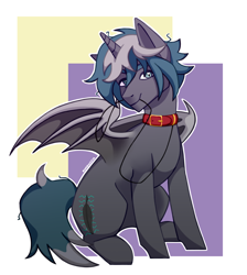 Size: 1346x1500 | Tagged: safe, artist:awesomekunussia, oc, oc only, oc:elizabrat meanfeather, alicorn, bat pony, bat pony alicorn, pony, alicorn oc, bat pony oc, bat wings, clone, collar, commission, female, horn, leash, mare, mouth hold, sitting, solo, wings, ych result