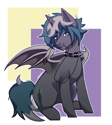 Size: 1346x1500 | Tagged: safe, alternate version, artist:awesomekunussia, oc, oc only, oc:elizabrat meanfeather, alicorn, bat pony, bat pony alicorn, pony, alicorn oc, bat pony oc, bat wings, clone, collar, commission, female, horn, leash, mare, mouth hold, sitting, solo, spiked collar, wings, ych result