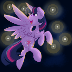 Size: 2160x2160 | Tagged: safe, artist:cadetredshirt, twilight sparkle, alicorn, firefly (insect), insect, pony, g4, commission, excited, female, flying, gradient background, happy, high res, night, simple background, solo, twilight sparkle (alicorn), ych result