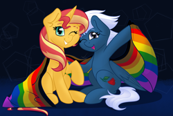 Size: 3220x2160 | Tagged: safe, artist:cadetredshirt, sunset shimmer, oc, pegasus, pony, unicorn, g4, commission, digital art, female, gay pride flag, gradient background, happy, high res, lesbian, looking at you, male, not night glider, one eye closed, pride, pride flag, rainbow flag, shipping, simple background, sitting, smiling, smiling at you, two toned mane, wink