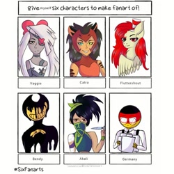 Size: 764x763 | Tagged: safe, artist:x_xtacy_x, fluttershy, angel, demon, human, moth, pegasus, pony, elements of insanity, g4, akali, bendy, bendy and the ink machine, bust, catra, clothes, countryhumans, crossover, disguise, disguised angel, exorcist angel, eyepatch, fallen angel, feline, female, fluttershout, germany, glasses, hat, hazbin hotel, heavenborn, hellaverse, knife, league of legends, mare, missing eye, moth angel, she-ra and the princesses of power, six fanarts, that's entertainment, top hat, vaggie, wings