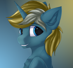 Size: 3238x2999 | Tagged: safe, artist:snowstormbat, oc, pony, unicorn, bust, gradient background, high res, male, portrait, raised hoof, smiling, solo, stallion