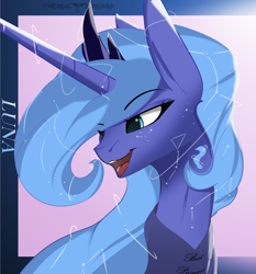 Size: 2850x3064 | Tagged: safe, artist:therealf1rebird, princess luna, alicorn, pony, g4, best princess, clothes, constellation freckles, female, freckles, happy, high res, horn, mare, shirt, solo, stars, t-shirt