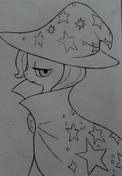 Size: 1414x2047 | Tagged: safe, artist:public mistake, trixie, pony, unicorn, g4, cape, clothes, female, hat, lidded eyes, looking at you, mare, monochrome, solo, traditional art, trixie's cape, trixie's hat