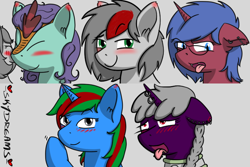 Size: 768x512 | Tagged: safe, artist:skydreams, oc, oc only, oc:dioxin, oc:move, oc:searing cold, oc:sparky showers, oc:wander bliss, alicorn, bat pony, bat pony alicorn, kirin, pegasus, pony, unicorn, ahegao, bat wings, beckoning, blushing, collar, disgusted, ear blush, ear piercing, emoji, emotes, glasses, horn, horn piercing, looking at you, nuzzling, open mouth, patreon, patreon reward, piercing, smiling, smirk, tongue out, wings
