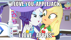 Size: 640x360 | Tagged: safe, edit, edited screencap, screencap, applejack, rarity, camping must-haves, equestria girls, equestria girls series, g4, spoiler:eqg series (season 2), apple, best friends, caption, female, geode of shielding, geode of super strength, i love you, image macro, lesbian, magical geodes, meme, rarity's bedroom, ship:rarijack, shipping, text, that 70s show, that pony sure does love apples
